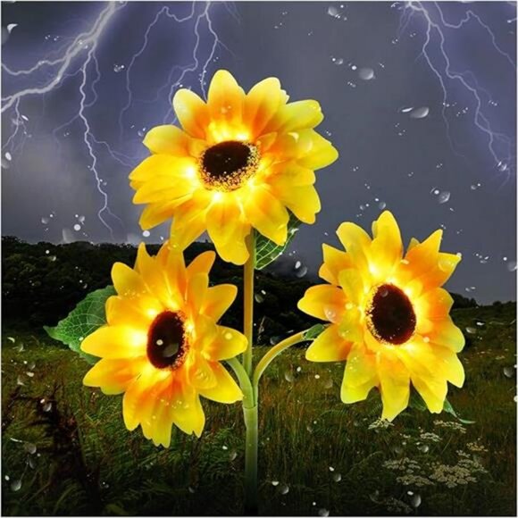 Outdoor Solar Garden Stake Lights, Upgraded LED Solar Powered with 3 Sunflower - Picture 7 of 7